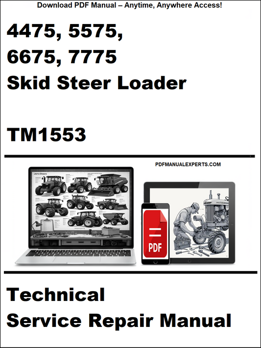 Technical service repair manual for skid steer loaders with a laptop and toolbox graphic on a white background.