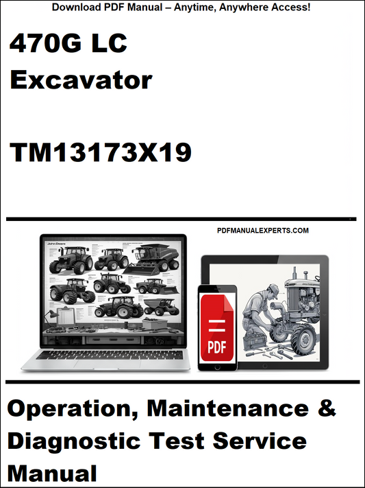 Manual cover for 470G LC Excavator operation, maintenance, and diagnostic test service manual with digital device icon.