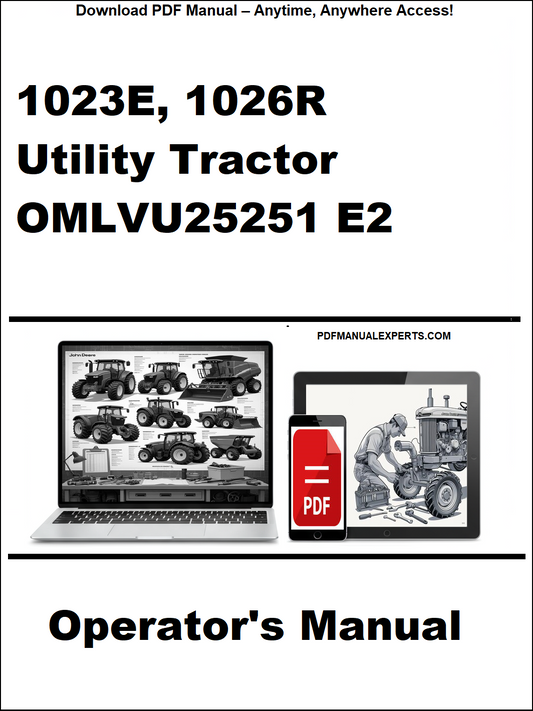 Operator's manual for John Deere 1023E, 1026R Utility Tractor OMLVU25251 E2 on a white background