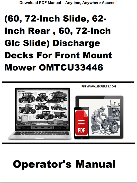 Advertisement for an operator's manual on discharge decks for front mount mowers, featuring a laptop and smartphone with a tractor image.