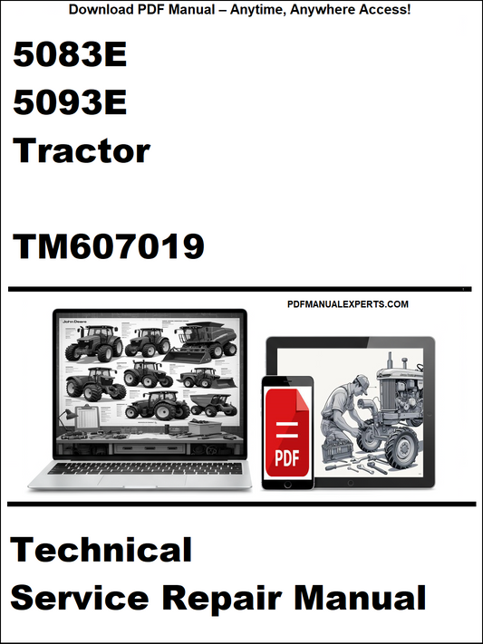 Technical service repair manual for 5083E and 5093E tractor with TM607019 on a white background.