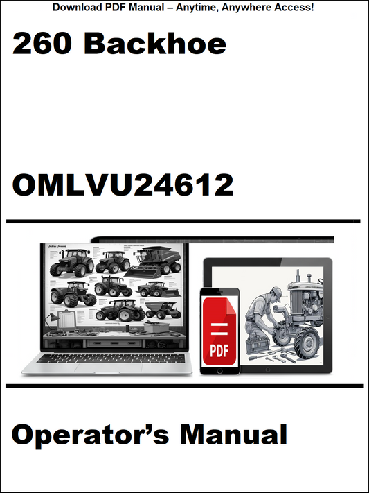 Operator's manual for a 260 Backhoe with OMLVU24612 on a white background