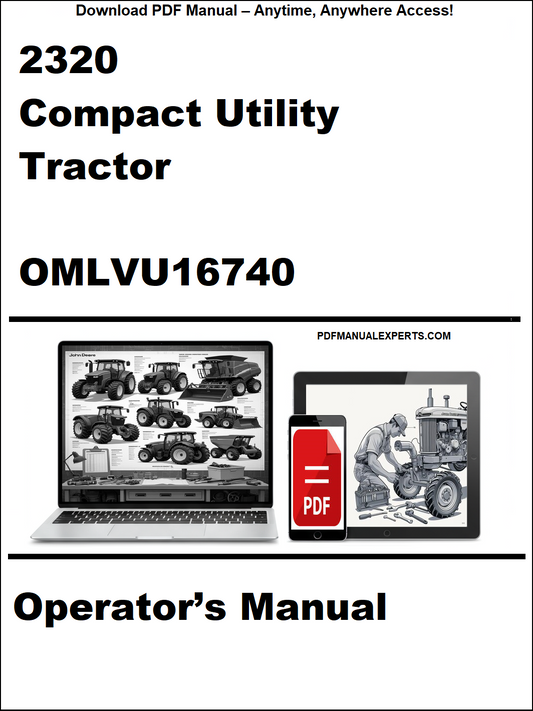 Cover of a manual for a 2320 Compact Utility Tractor with a laptop and tractor illustration.