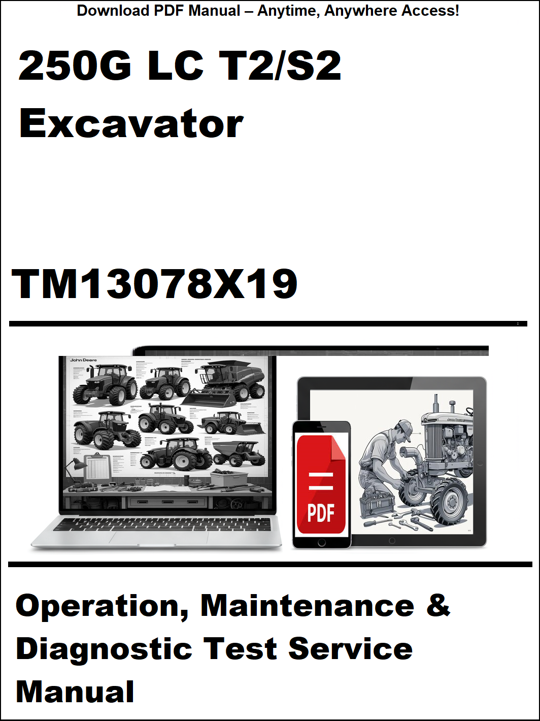 Manual cover for 250G LC T2/S2 Excavator operation, maintenance, and diagnostic test service manual with a laptop and smartphone icon.