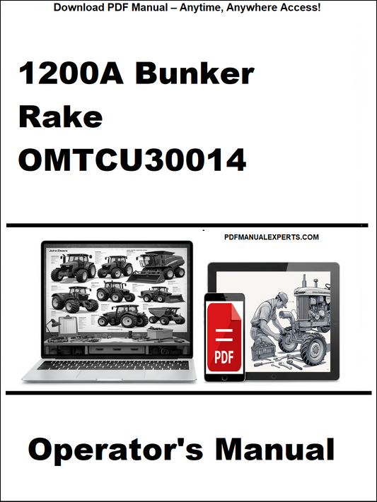 Operator's manual for 1200A Bunker Rake OMTCU30014 on a white background with laptop and truck images.