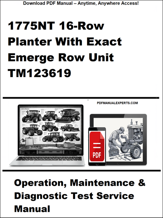 Manual cover for 1775NT 16-Row Planter with Exact Emerge Row Unit TM123619, featuring a laptop and toolbox graphic.