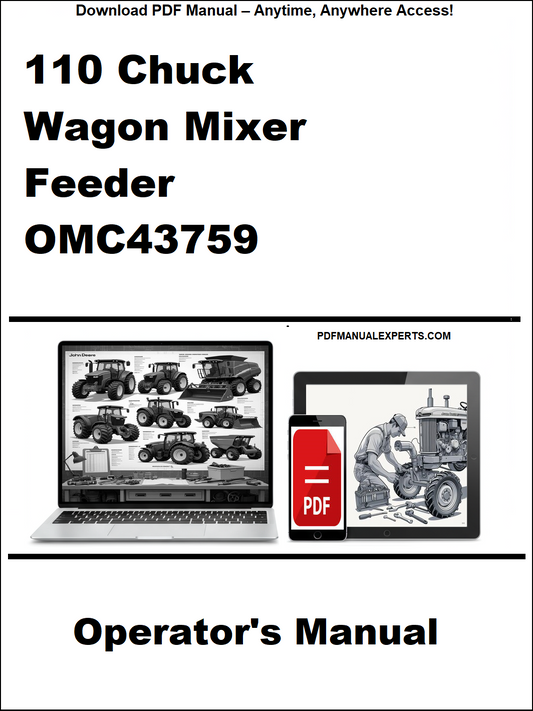 Cover of the 110 Chuck Wagon Mixer Feeder OMC43759 Operator's Manual with a laptop and truck illustration.