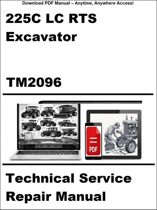 Technical service repair manual for 225C LC RTS Excavator with a laptop and repair manual icon on a white background.