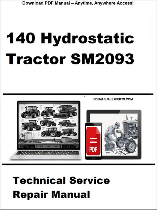 Cover of a technical service repair manual for a hydrostatic tractor SM2093, featuring images of a laptop and smartphone with software icons.