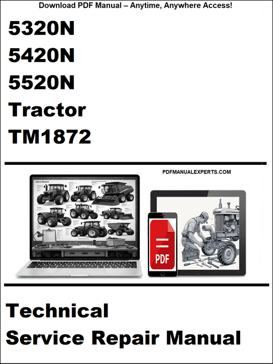 Technical service repair manual for 5320N, 5420N, 5520N tractors with a laptop and toolbox graphic on a white background.