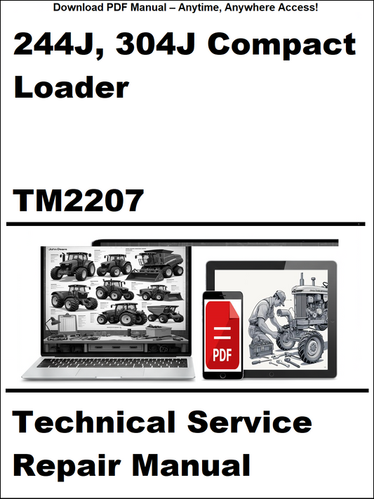 Technical service repair manual for 244J and 304J compact loaders with a laptop and toolbox graphic on a white background.