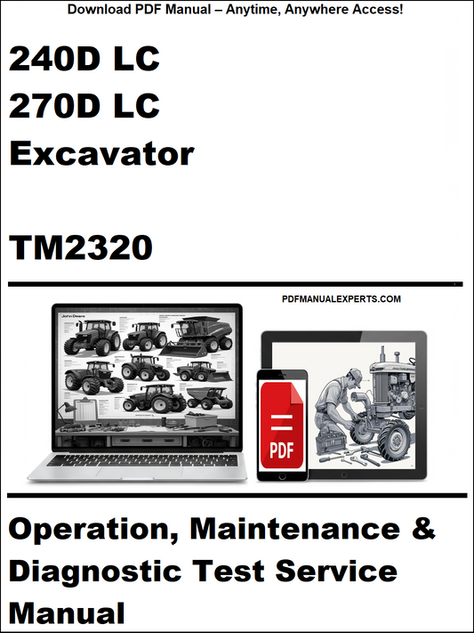 Cover of a technical manual for John Deere 240D LC, 270D LC excavators with a laptop and toolbox graphic.