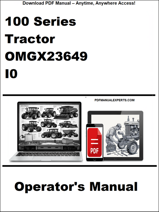 Operator's manual for a 100 Series Tractor with a laptop and tractor illustration on a white background.