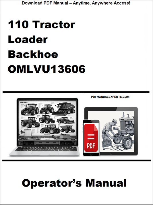 Operator's manual for a 110 Tractor Loader Backhoe with digital device and laptop illustration on a white background.