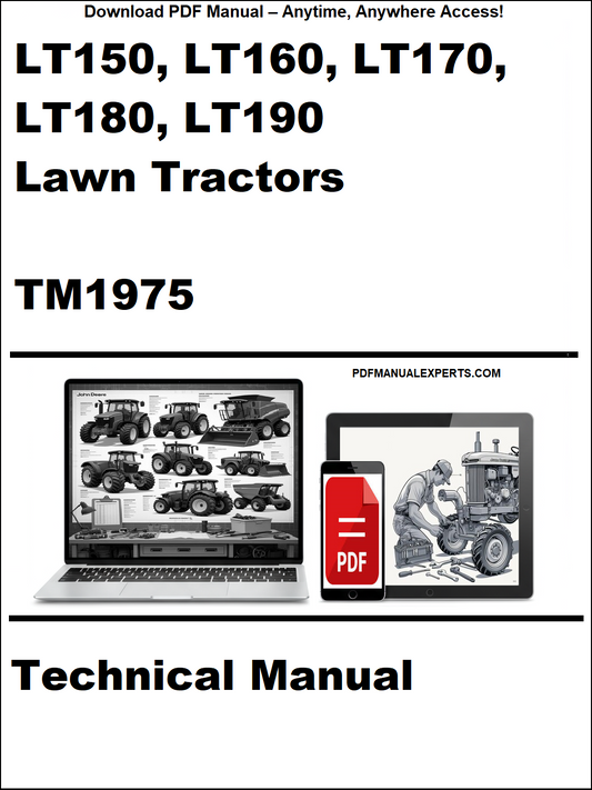 Cover of a technical manual for John Deere lawn tractors with laptop and tractor images.