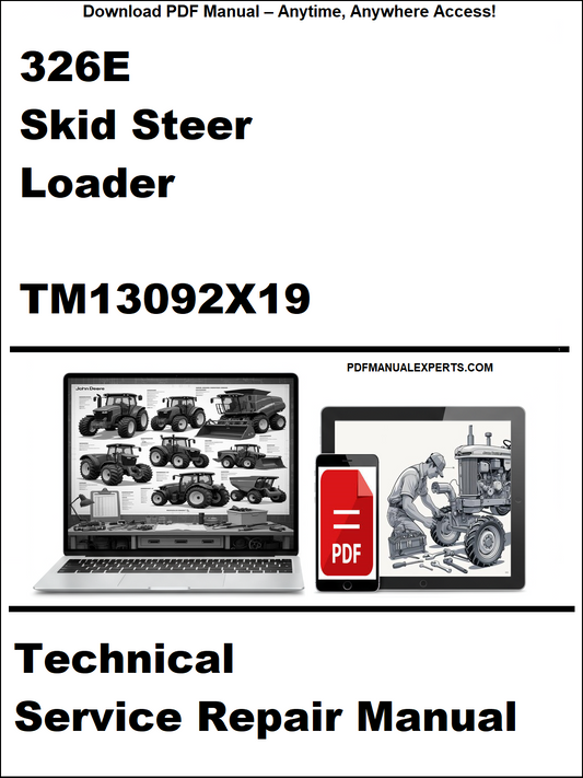 Technical service repair manual for 326E Skid Steer Loader with laptop and toolbox graphic on a white background.
