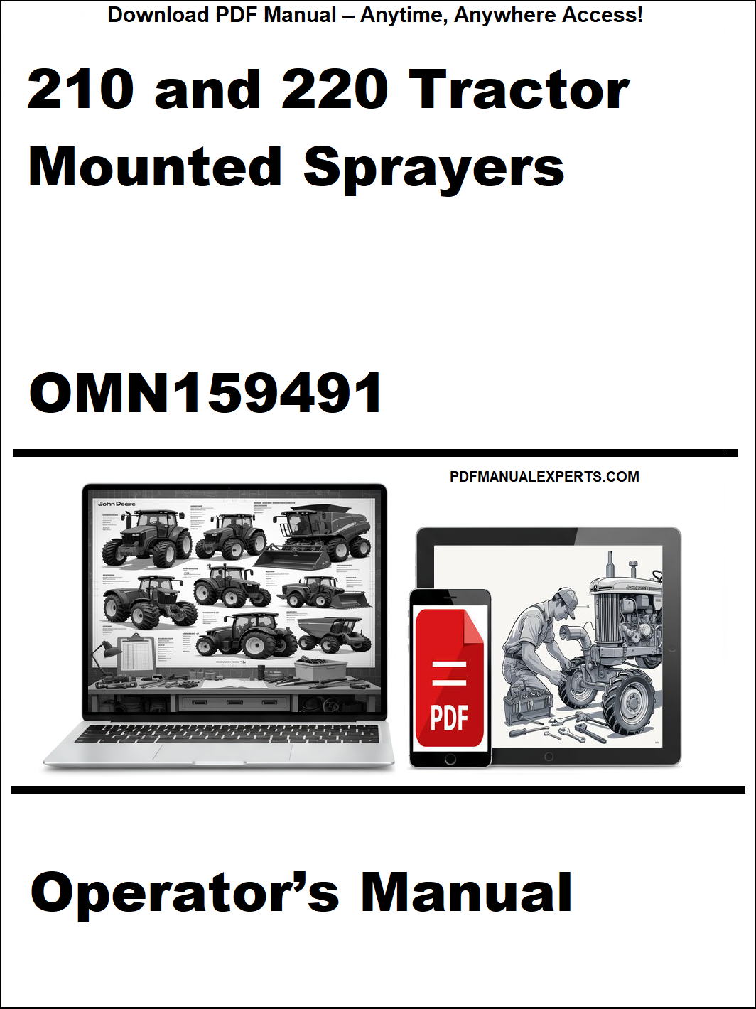Operator's manual for 210 and 220 Tractor Mounted Sprayers with a laptop and tractor illustration on a white background.