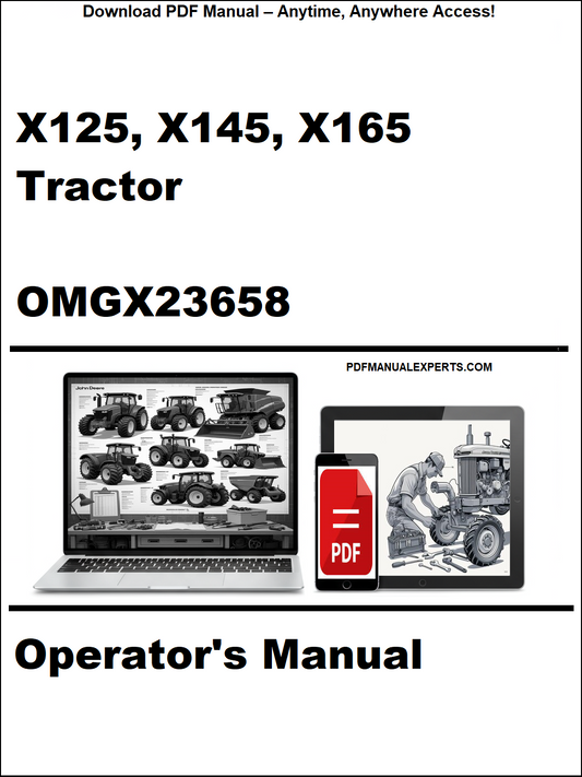 Operator's manual for X125, X145, X165 Tractor with PDF icon and laptop illustration on a white background.