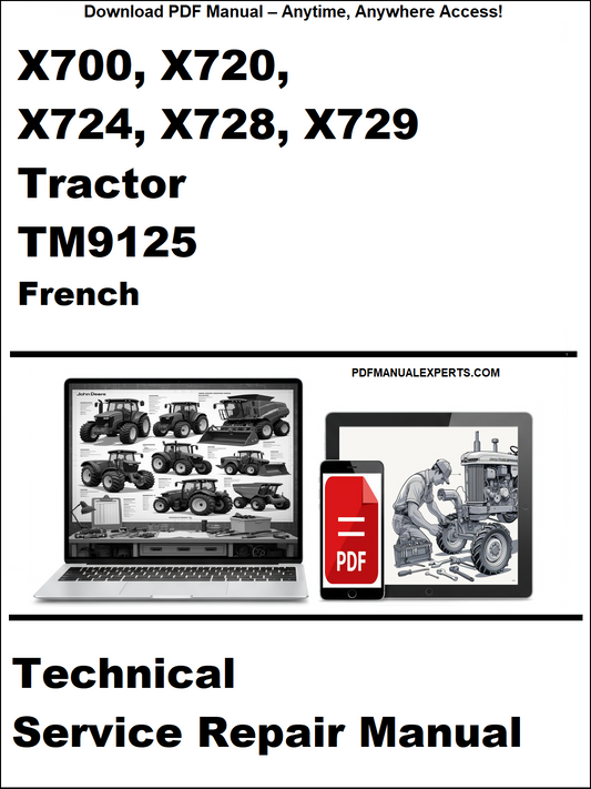 Technical service repair manual for X700-X729 tractor model TM9125 in French on a white background.