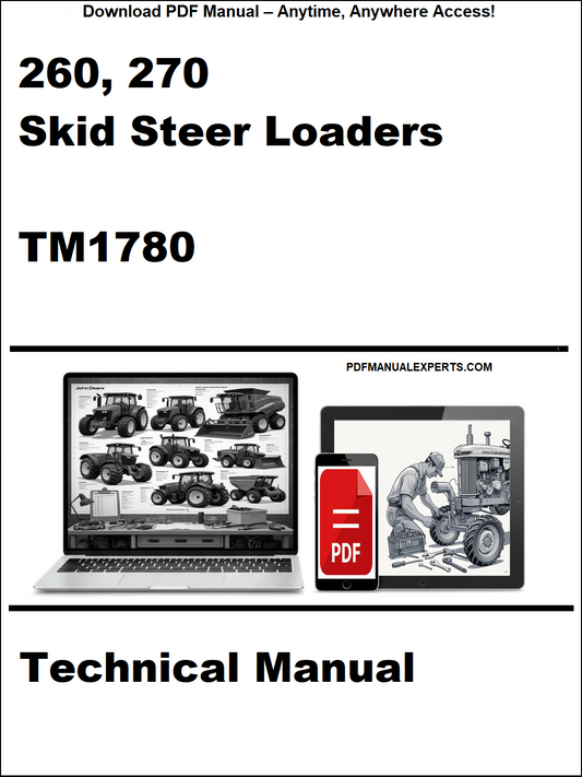 Cover of a technical manual for 260, 270 Skid Steer Loaders with a laptop and toolbox graphic.