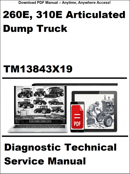 Cover of a diagnostic technical service manual for 260E and 310E articulated dump trucks, featuring images of trucks and a computer screen with a PDF icon.