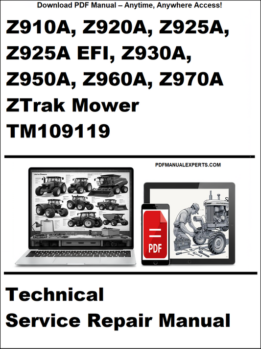 Advertisement for ZTrak Mower technical service repair manual on a white background