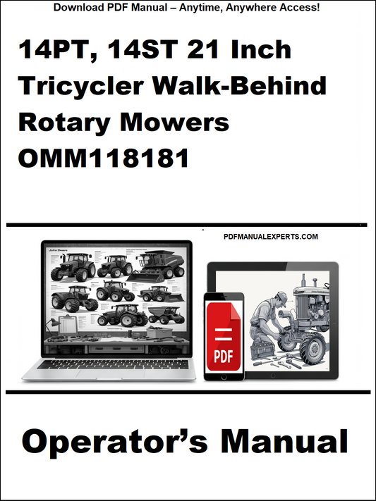 Operator's manual for 14PT, 14ST 21 Inch Tricycler Walk-Behind Rotary Mowers OMM118181 on a white background.