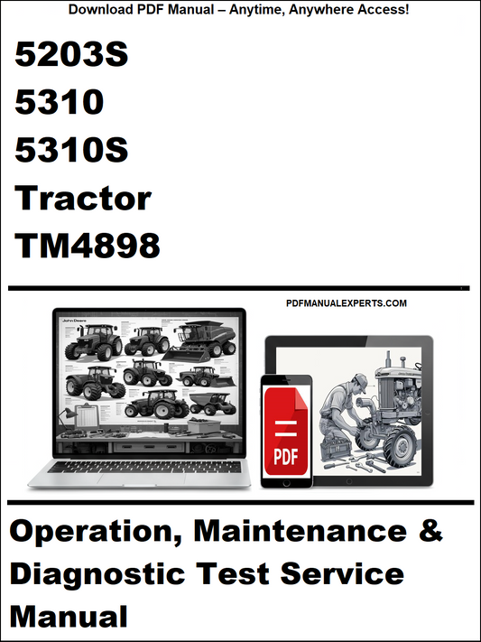 Manual cover for John Deere tractors with laptop and smartphone icons.