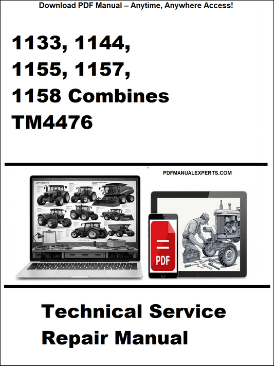 Technical service repair manual for combines with a laptop and toolbox graphic on a white background