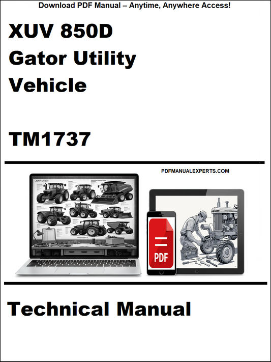 Advertisement for XUV 850D Gator Utility Vehicle TM1737 Technical Manual on a white background.