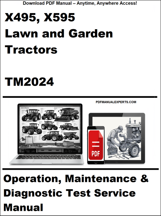 Manual cover for X495, X595 Lawn and Garden Tractors TM2024 with laptop and toolbox icons.