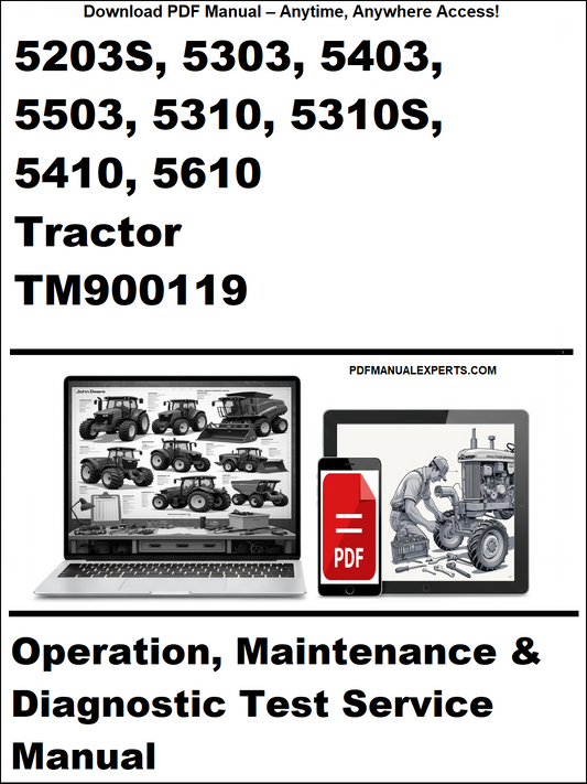 Advertisement for tractor manual with laptop and toolbox graphics on a white background