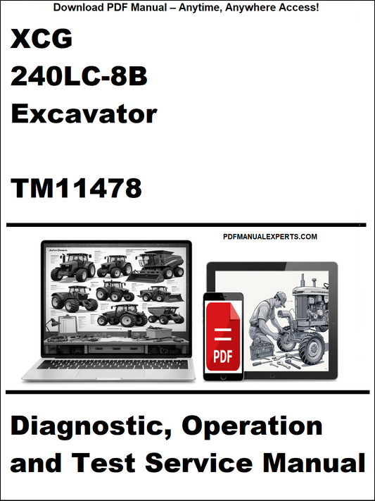 Cover of a manual for XCG 240LC-8B Excavator with diagnostic, operation, and test service information.