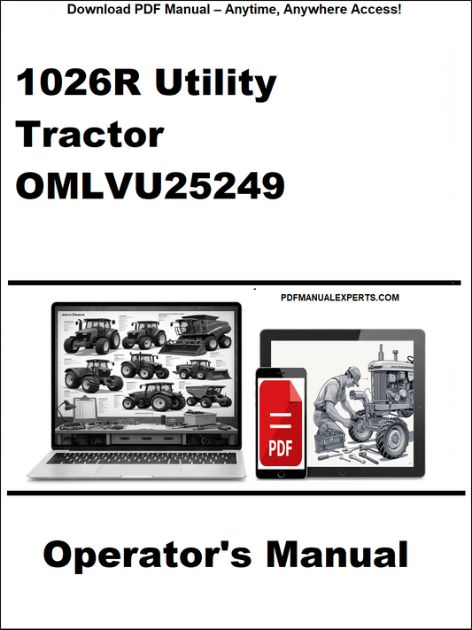 Operator's manual for a 1026R Utility Tractor with a laptop and smartphone icon on a white background.