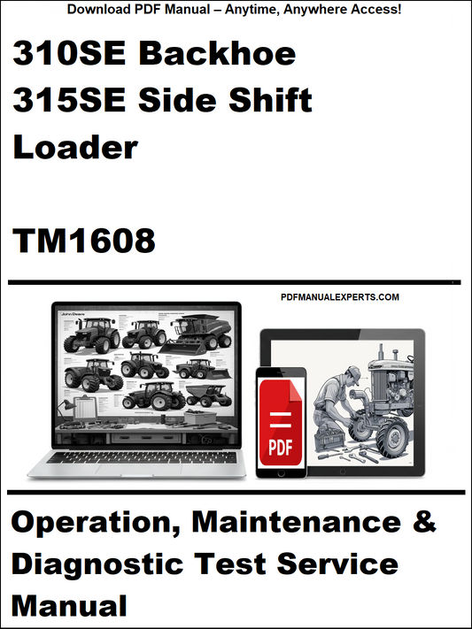 Cover of a manual for 310SE Backhoe and 315SE Side Shift Loader with a laptop and toolbox graphic.