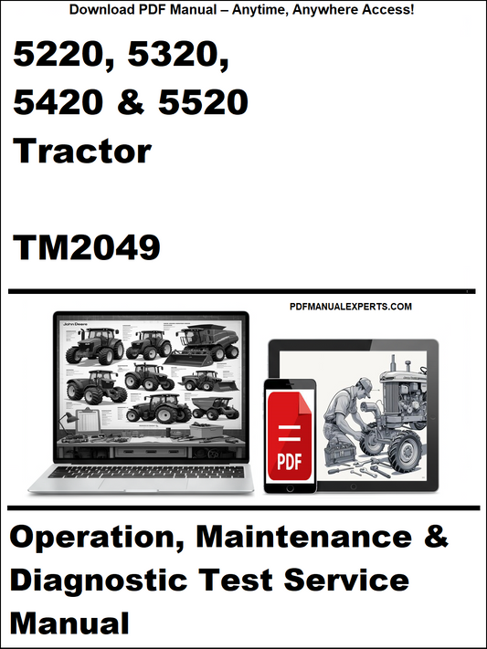 Manual cover for 5220, 5320, 5420 & 5520 Tractor TM2049 with laptop and toolbox graphics.