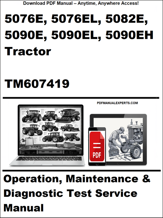 Cover of a tractor manual with laptop and toolbox graphics on a white background