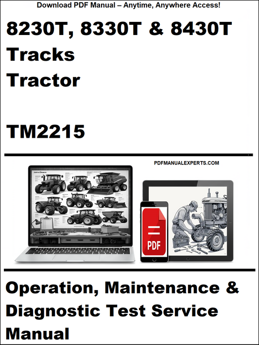 Manual cover for 8230T, 8330T & 8430T tracks tractor with TM2215 on a white background.
