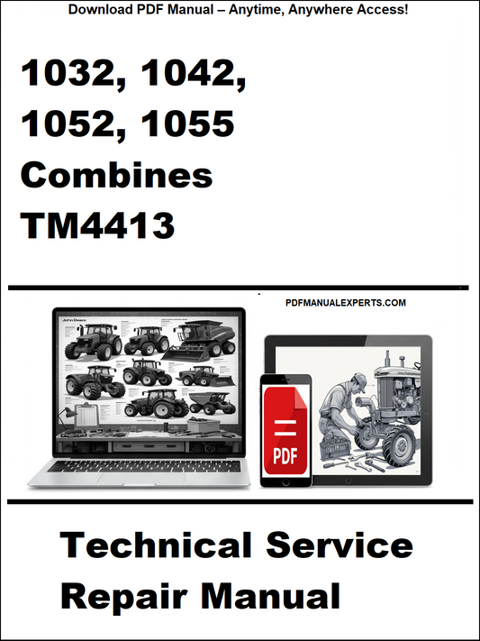 Technical service repair manual cover with laptop and truck illustration, featuring text about 1032, 1042, 1052, 1055 combines and TM4413.