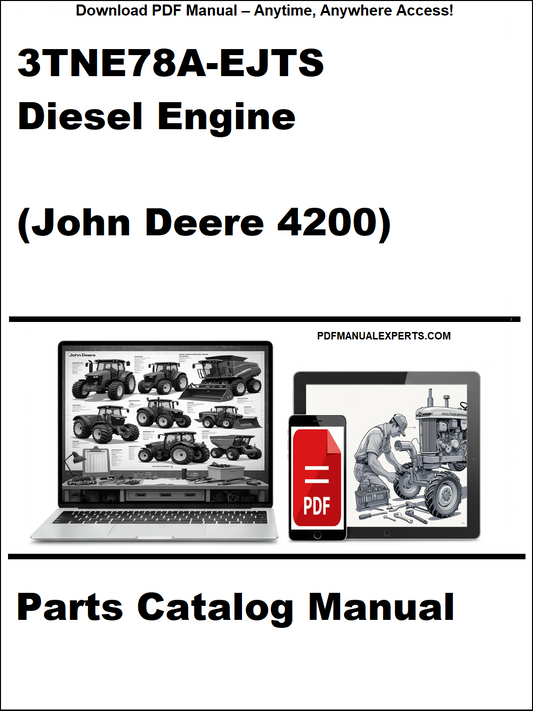 Cover of John Deere 4200 diesel engine parts catalog manual with laptop and toolbox graphics.