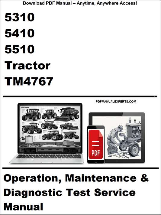 Advertisement for tractor manual with laptop and toolbox graphics on a white background