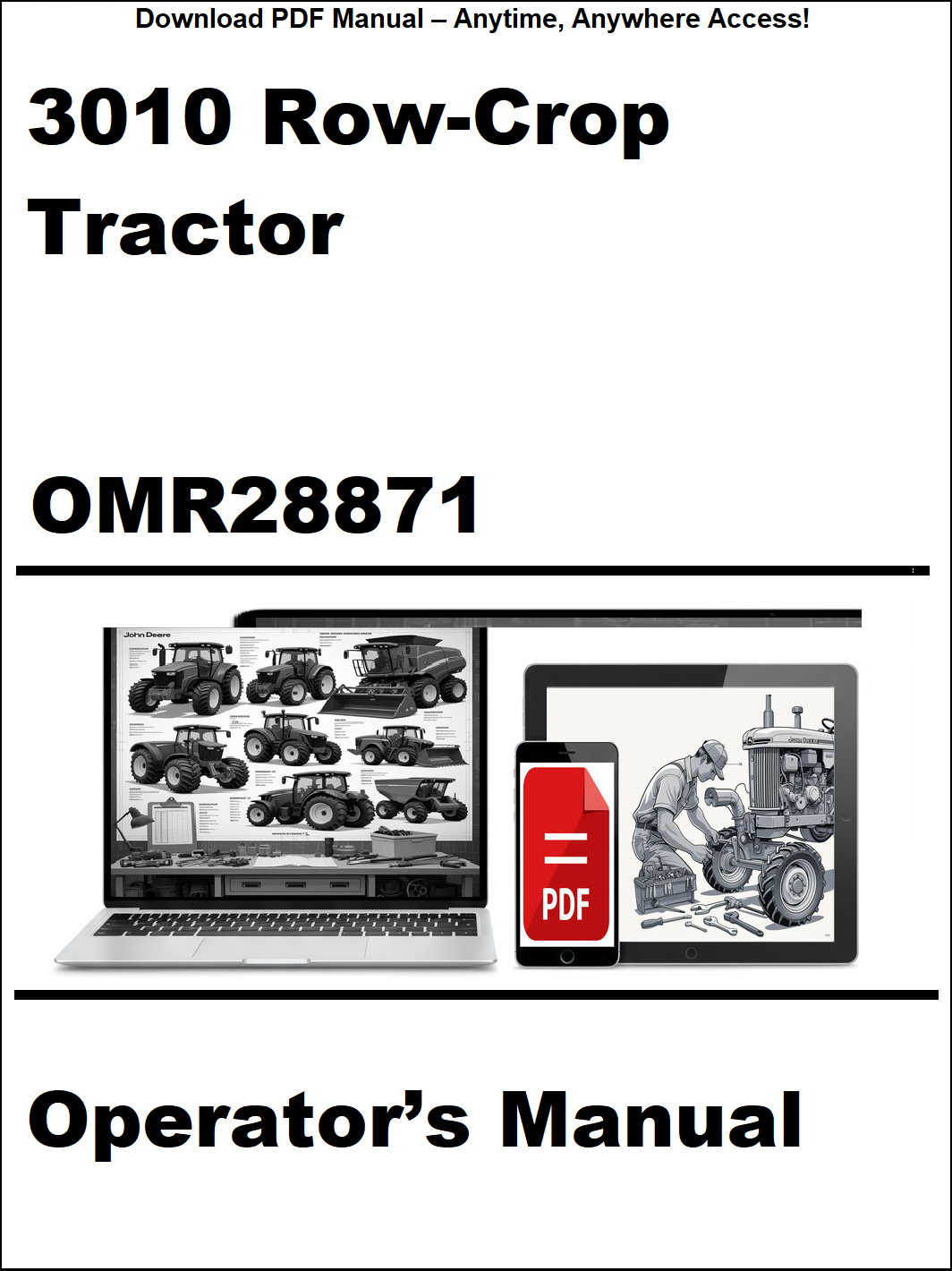 Operator's manual for 3010 Row-Crop Tractor with digital download icon on a white background