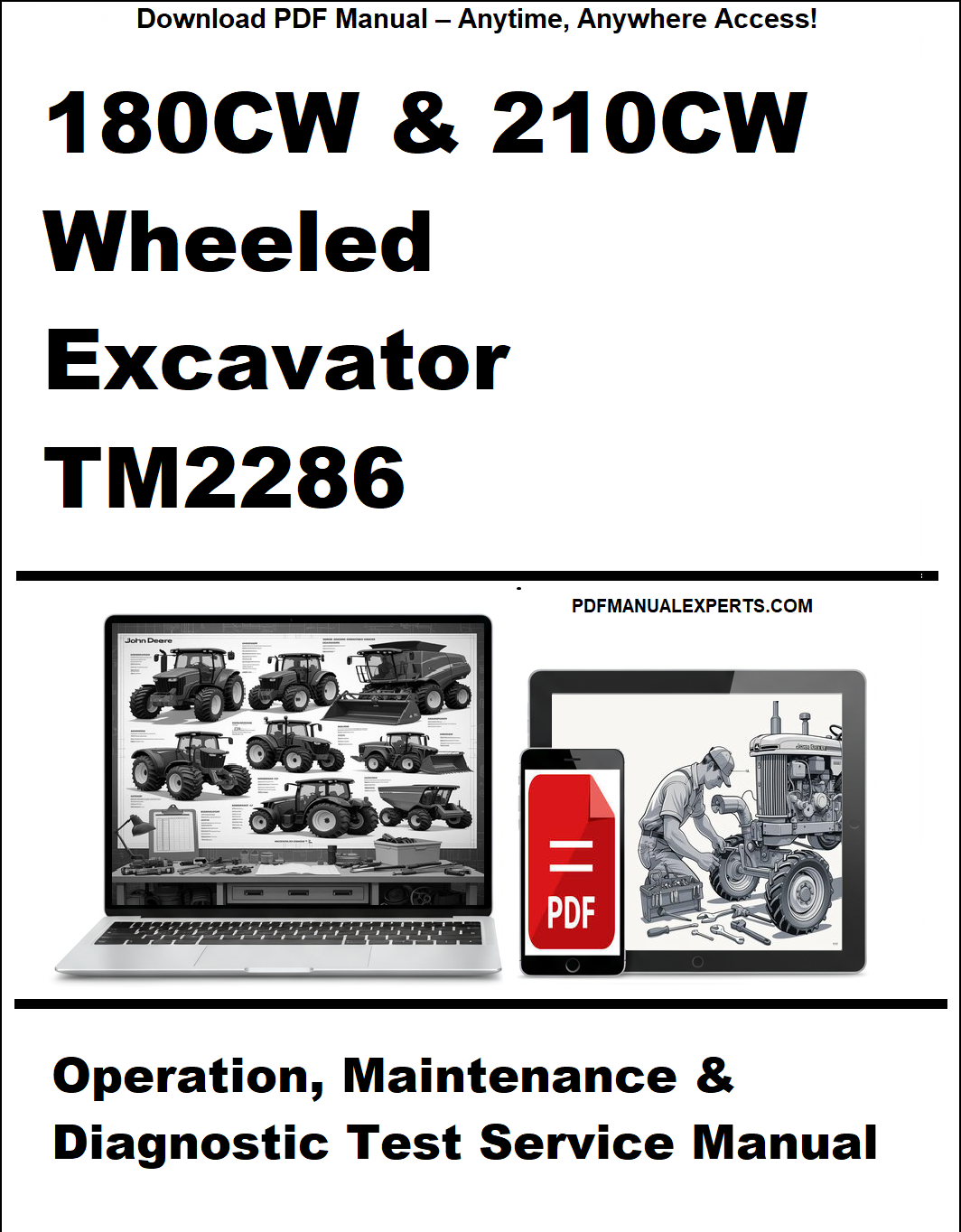 Cover of a manual for 180CW & 210CW wheeled excavator with PDF icon and text about availability.
