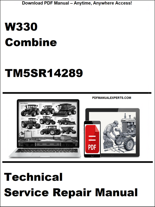 Technical service repair manual for W330 Combine with laptop and truck images on a white background.