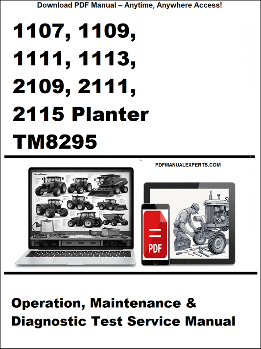 Cover of a manual for 1107, 1109, 1111, 1113, 2109, 2111, 2115 Planter TM8295 with laptop and toolbox graphic.