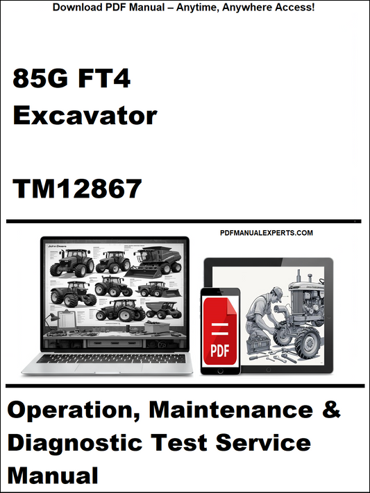 Cover of a technical manual for a 85G FT4 Excavator with a laptop and diagnostic tool icon.