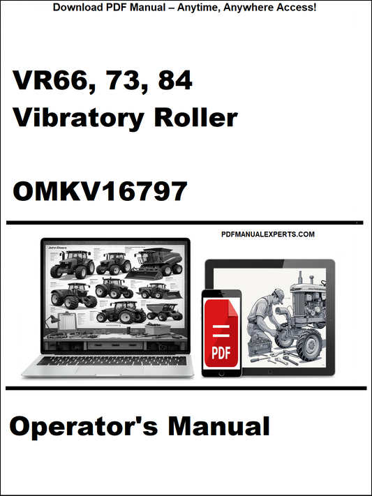 Cover of VR66, 73, 84 Vibratory Roller operator's manual with a laptop and toolbox graphic.