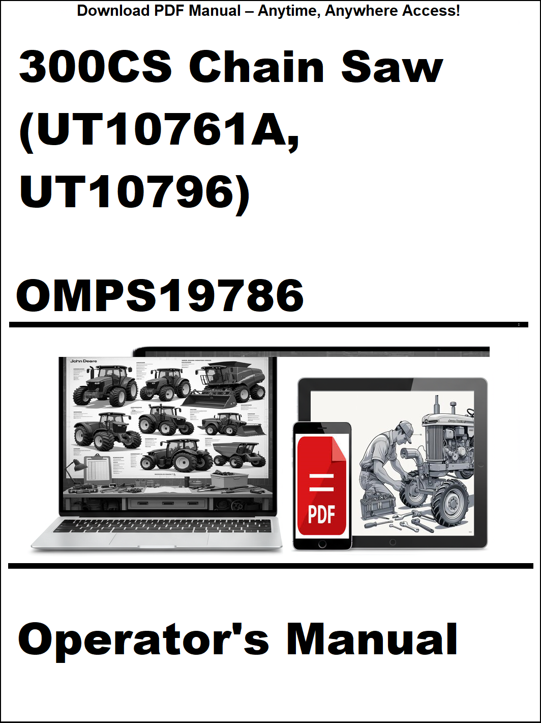 Operator's manual for 300CS chain saw with a laptop and tractor illustration on a white background.