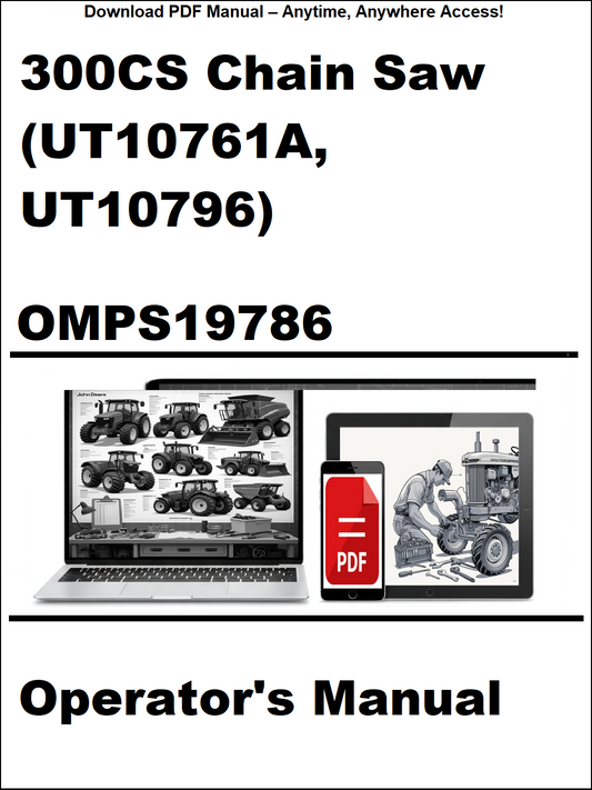 Operator's manual for 300CS chain saw with a laptop and tractor illustration on a white background.