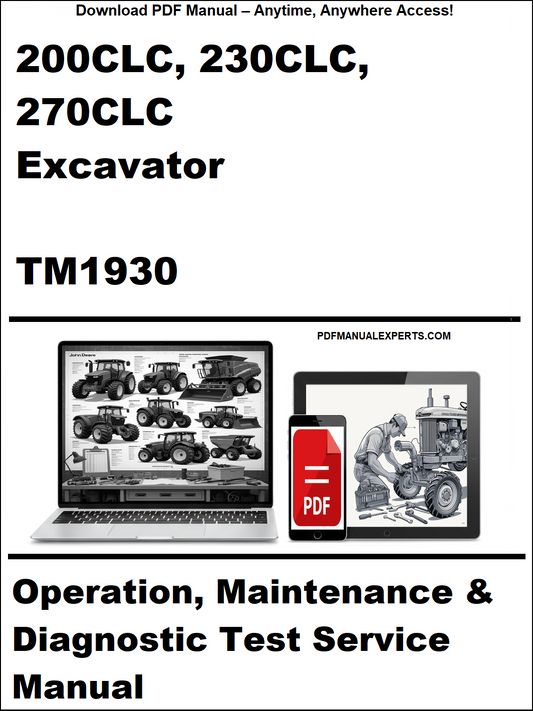 Manual cover for 200CLC, 230CLC, 270CLC Excavator TM1930 with laptop and toolbox graphics.